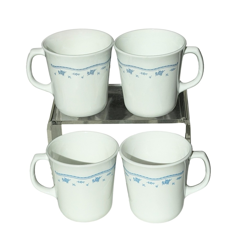 Vintage Corning 1980's Coffee Cup Set of 4 Mugs White Blue Flowers USA